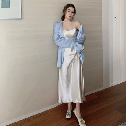 Flavor Satin Suspender Skirt  Casual Gloss Suit