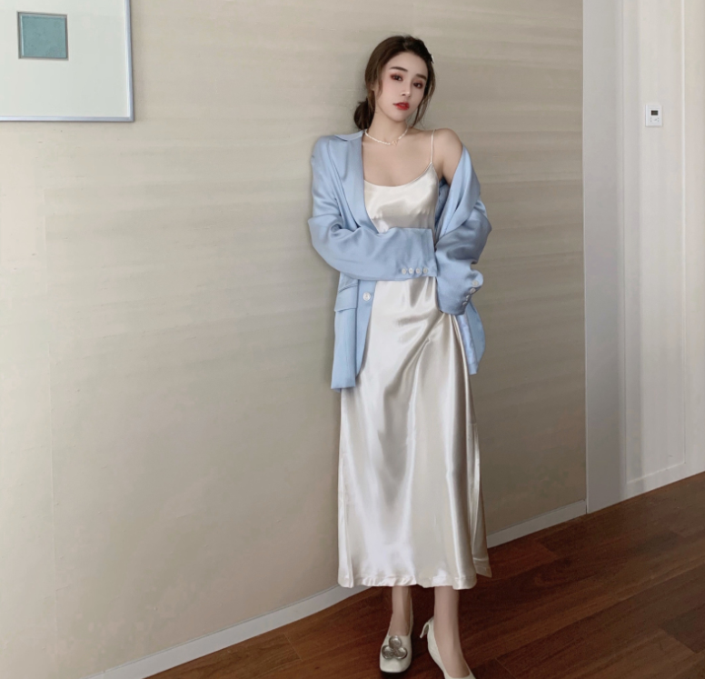 Flavor Satin Suspender Skirt  Casual Gloss Suit