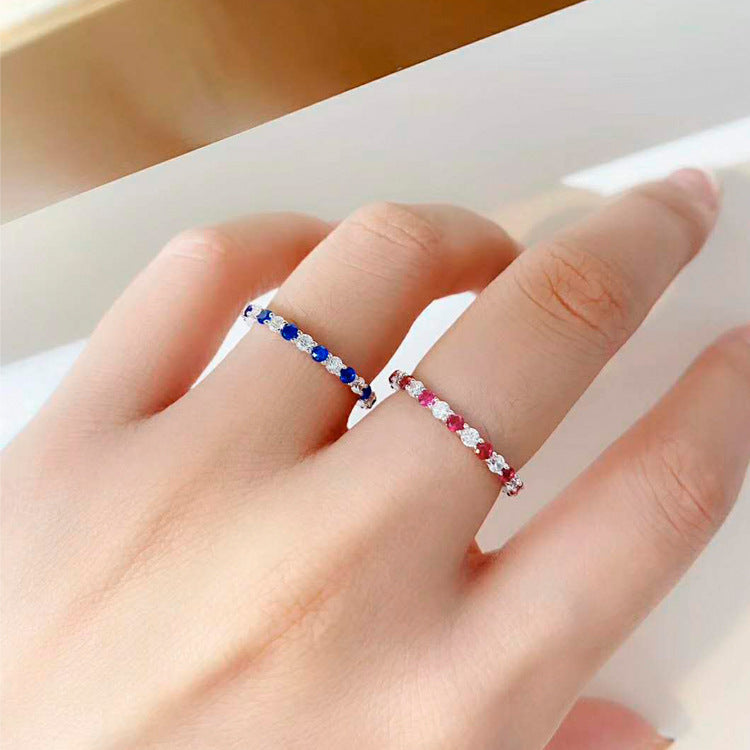 Imported 5A high carbon diamond natural red sapphire row diamond vice ring diamond ring 925 silver plated platinum stacking ring