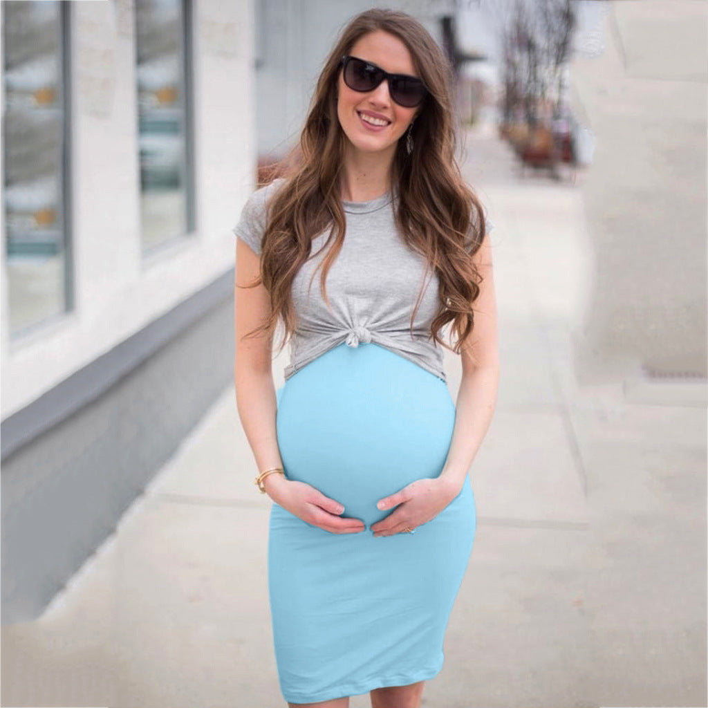Pure Color Round Neck T-Shirt Suspender Maternity Skirt Two-Piece Suit
