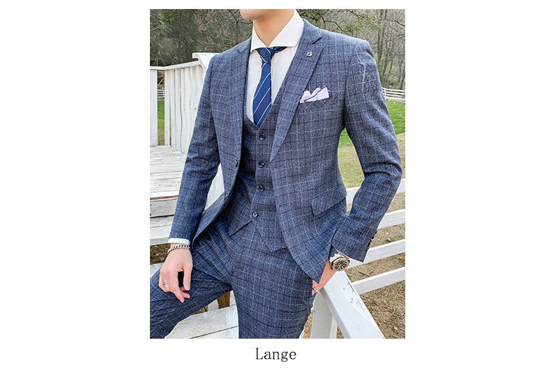 Men's Check Three-piece Customized Wedding Banquet Dress Groom Men's Suit