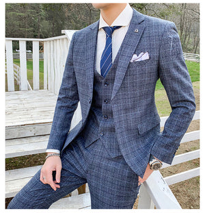 Men's Check Three-piece Customized Wedding Banquet Dress Groom Men's Suit