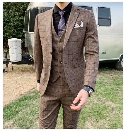 Men's Check Three-piece Customized Wedding Banquet Dress Groom Men's Suit