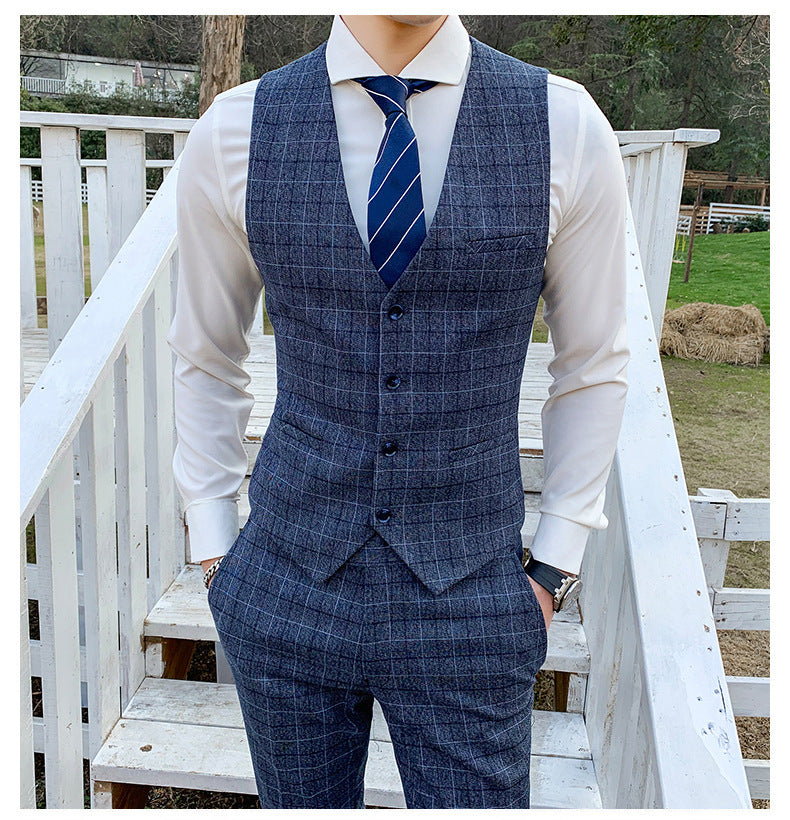 Men's Check Three-piece Customized Wedding Banquet Dress Groom Men's Suit