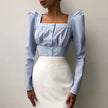 OOTN Square Neck White Shirt Female Pleated Tunic Women Blouse Elegant Puff Sleeve Top Black Office Ladies Blouse Cotton Blue