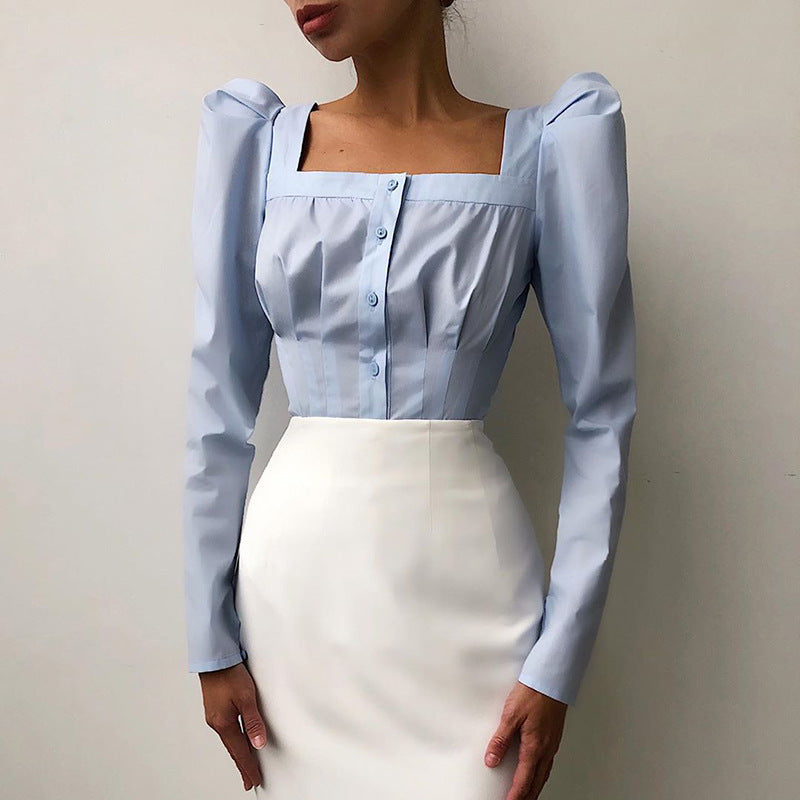 OOTN Square Neck White Shirt Female Pleated Tunic Women Blouse Elegant Puff Sleeve Top Black Office Ladies Blouse Cotton Blue