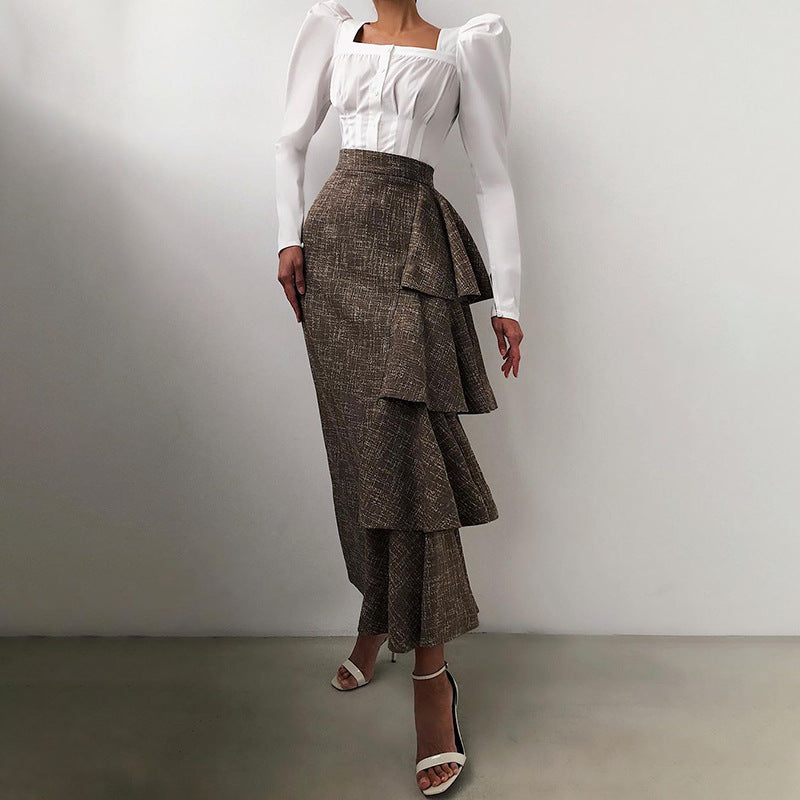 OOTN Square Neck White Shirt Female Pleated Tunic Women Blouse Elegant Puff Sleeve Top Black Office Ladies Blouse Cotton Blue