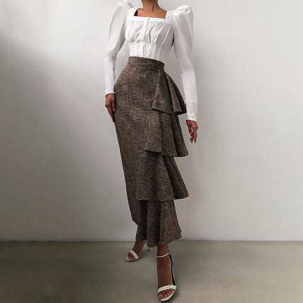 OOTN Square Neck White Shirt Female Pleated Tunic Women Blouse Elegant Puff Sleeve Top Black Office Ladies Blouse Cotton Blue