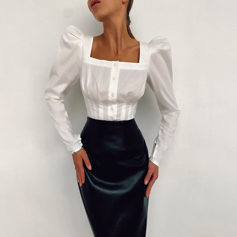 OOTN Square Neck White Shirt Female Pleated Tunic Women Blouse Elegant Puff Sleeve Top Black Office Ladies Blouse Cotton Blue