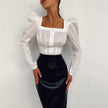 OOTN Square Neck White Shirt Female Pleated Tunic Women Blouse Elegant Puff Sleeve Top Black Office Ladies Blouse Cotton Blue