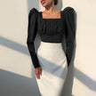 OOTN Square Neck White Shirt Female Pleated Tunic Women Blouse Elegant Puff Sleeve Top Black Office Ladies Blouse Cotton Blue