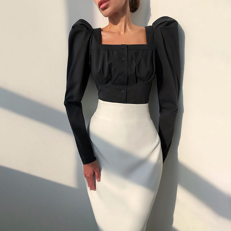 OOTN Square Neck White Shirt Female Pleated Tunic Women Blouse Elegant Puff Sleeve Top Black Office Ladies Blouse Cotton Blue
