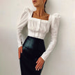 OOTN Square Neck White Shirt Female Pleated Tunic Women Blouse Elegant Puff Sleeve Top Black Office Ladies Blouse Cotton Blue