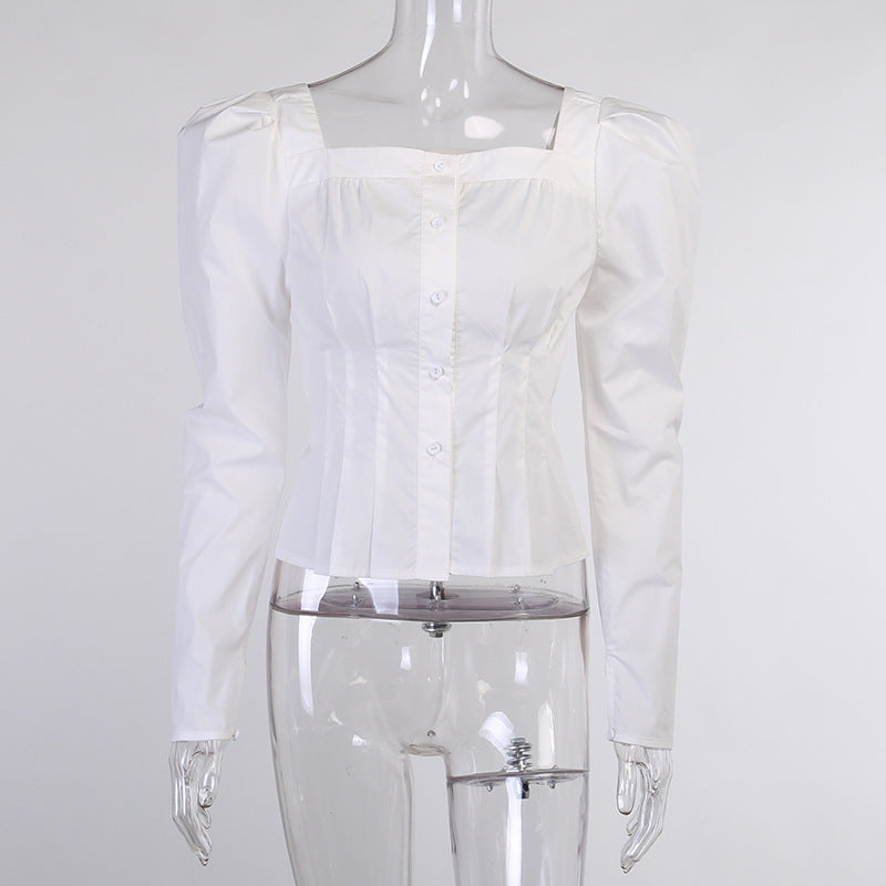 OOTN Square Neck White Shirt Female Pleated Tunic Women Blouse Elegant Puff Sleeve Top Black Office Ladies Blouse Cotton Blue