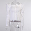 OOTN Square Neck White Shirt Female Pleated Tunic Women Blouse Elegant Puff Sleeve Top Black Office Ladies Blouse Cotton Blue