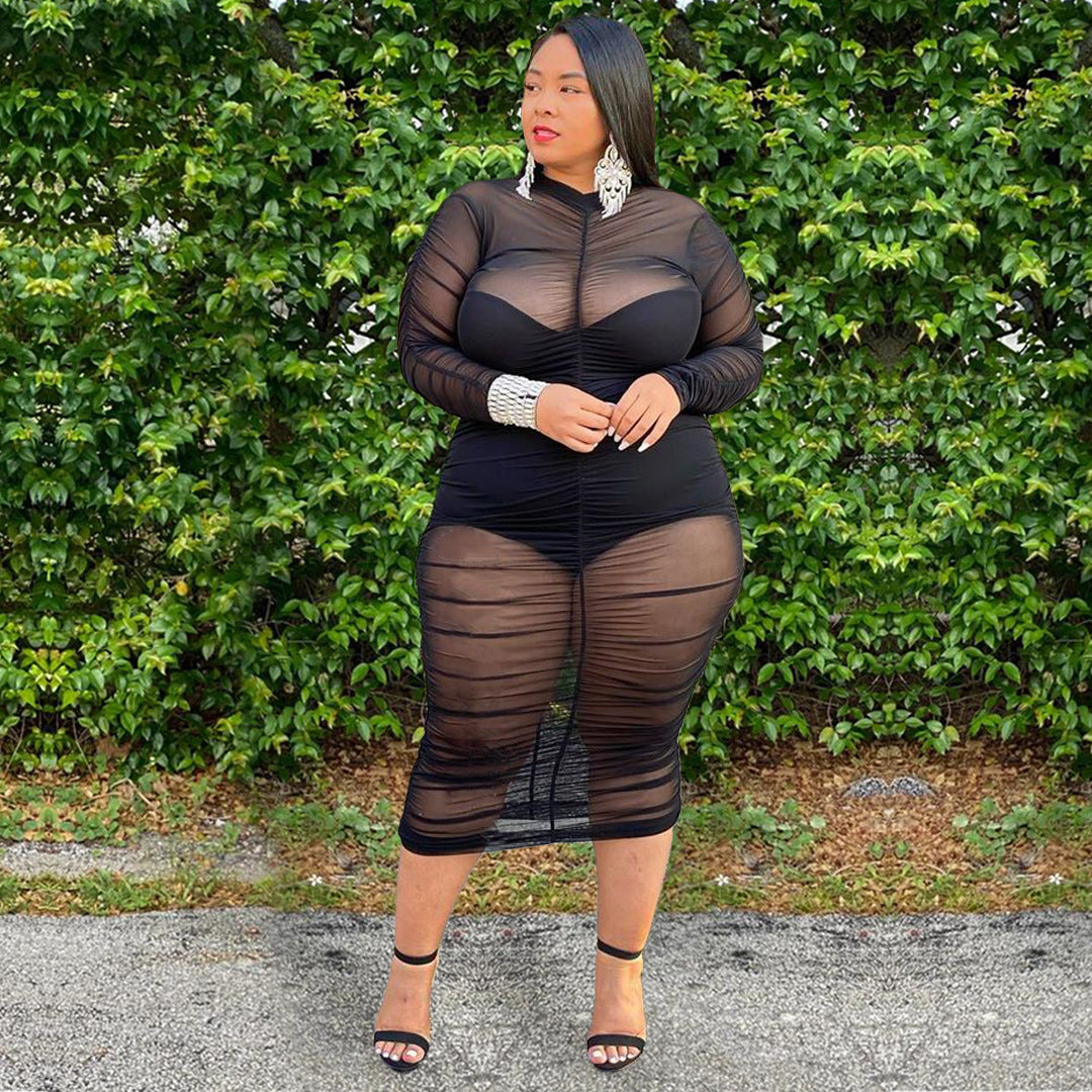 Long Sleeve Dress with Bodysuit Lining Sexy Mesh Bodycon Dress