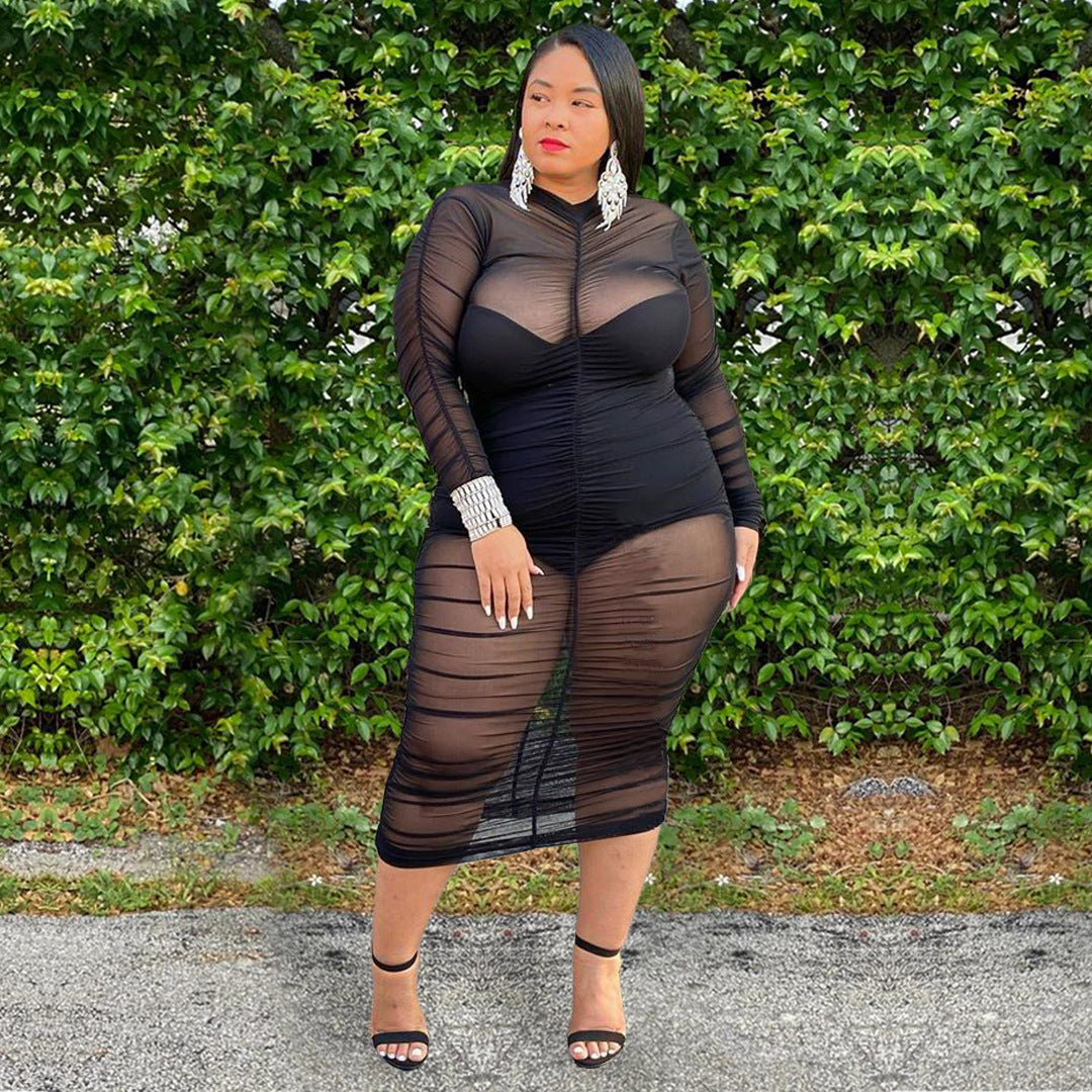 Long Sleeve Dress with Bodysuit Lining Sexy Mesh Bodycon Dress