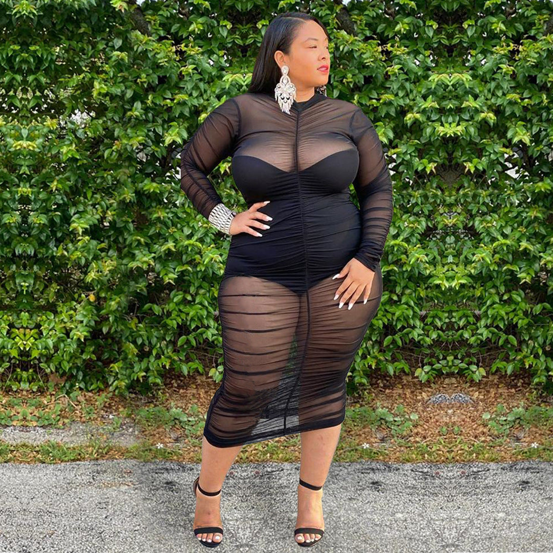 Long Sleeve Dress with Bodysuit Lining Sexy Mesh Bodycon Dress