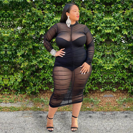Long Sleeve Dress with Bodysuit Lining Sexy Mesh Bodycon Dress