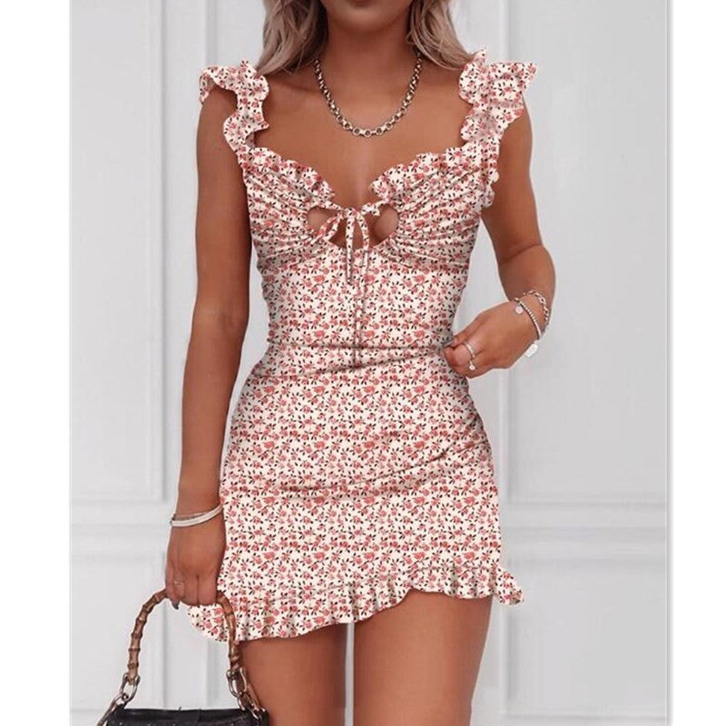 Sling Skirt With Buffled Floral Imitation Cotton And Linen Skirt