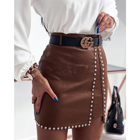 Elegant Fashion Rivets PU Leather Skirts Women