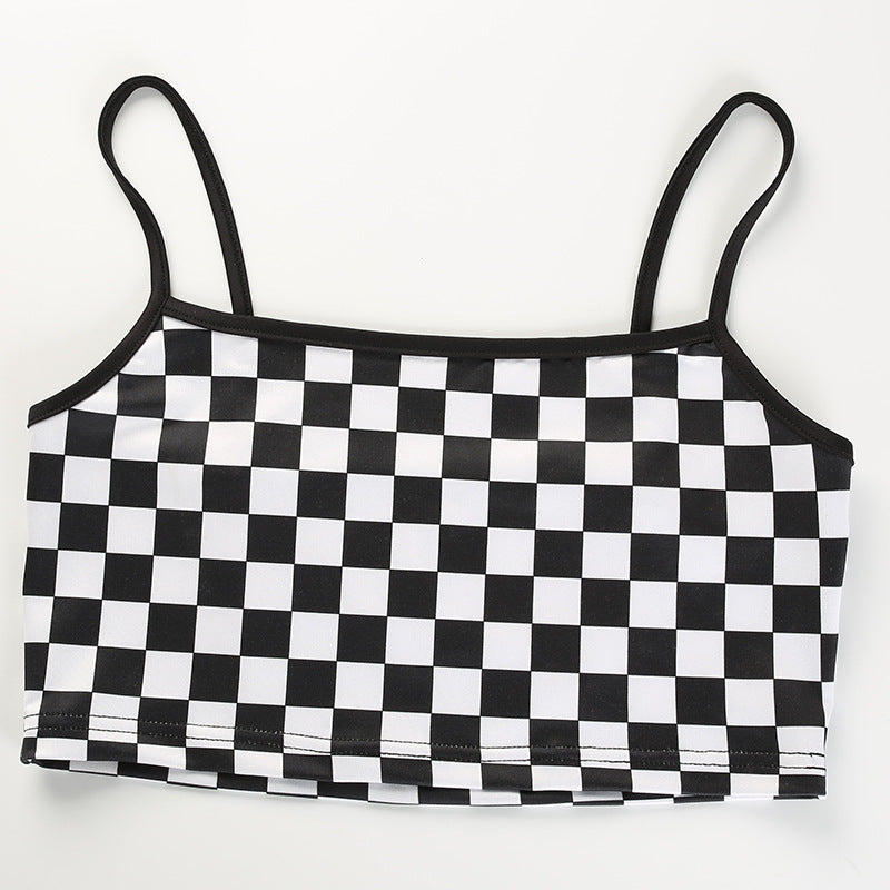 Black and white plaid stitching camisole female summer ins super hot inner base shirt top