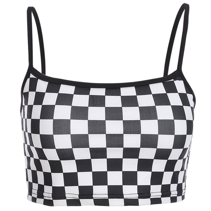 Black and white plaid stitching camisole female summer ins super hot inner base shirt top