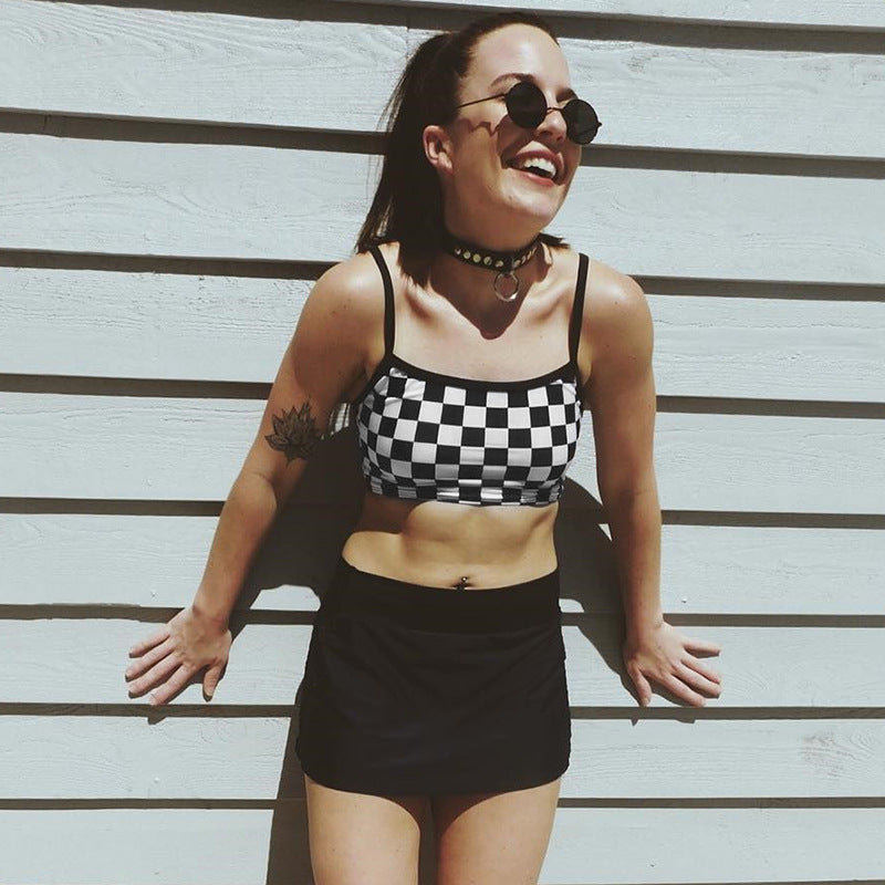 Black and white plaid stitching camisole female summer ins super hot inner base shirt top