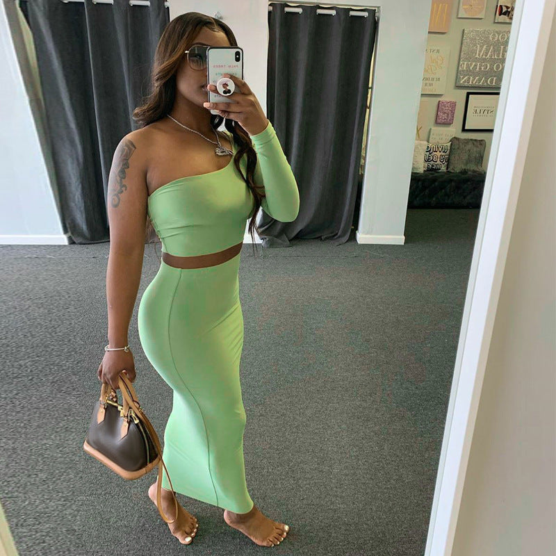Echoine One Shoulder Sleeve Off Shoulder Jacket And Skirt Two Piece Sexy Party Street Style