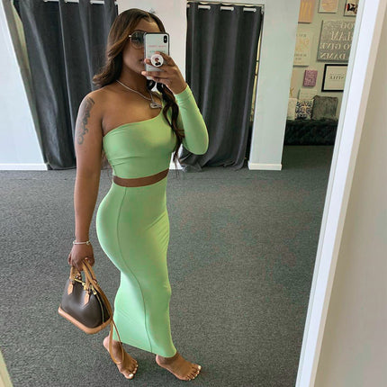 Echoine One Shoulder Sleeve Off Shoulder Jacket And Skirt Two Piece Sexy Party Street Style