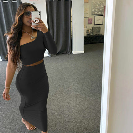 Echoine One Shoulder Sleeve Off Shoulder Jacket And Skirt Two Piece Sexy Party Street Style