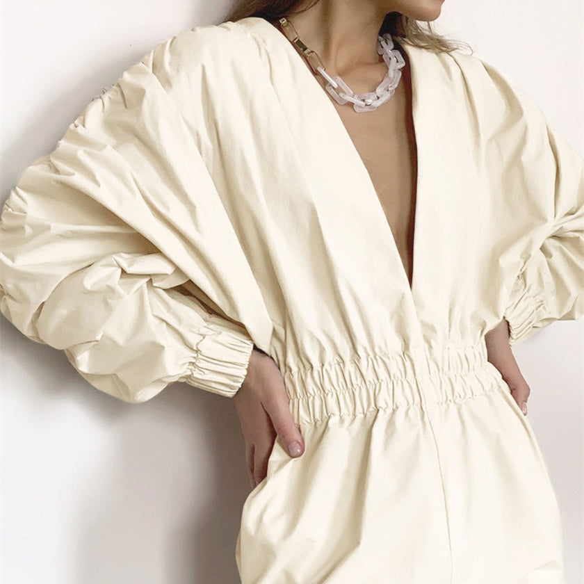 OOTN Women's V neck High Waist jumpsuits Straight Elastic Waist women rompers Lantern Sleeve jumpsuits sexy High Street bodysuit