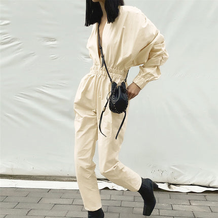 OOTN Women's V neck High Waist jumpsuits Straight Elastic Waist women rompers Lantern Sleeve jumpsuits sexy High Street bodysuit