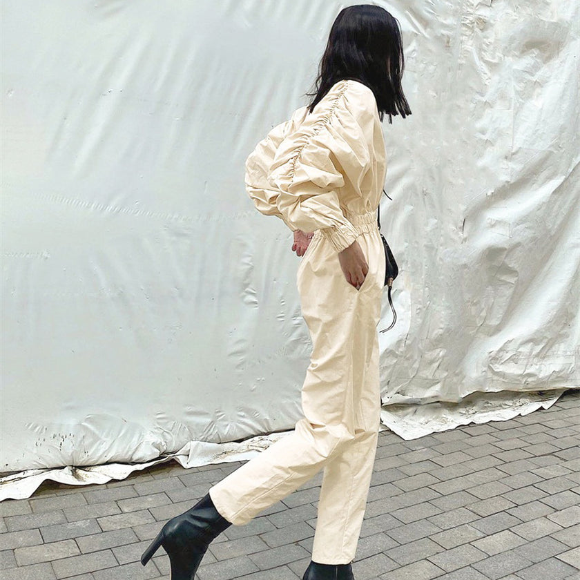 OOTN Women's V neck High Waist jumpsuits Straight Elastic Waist women rompers Lantern Sleeve jumpsuits sexy High Street bodysuit