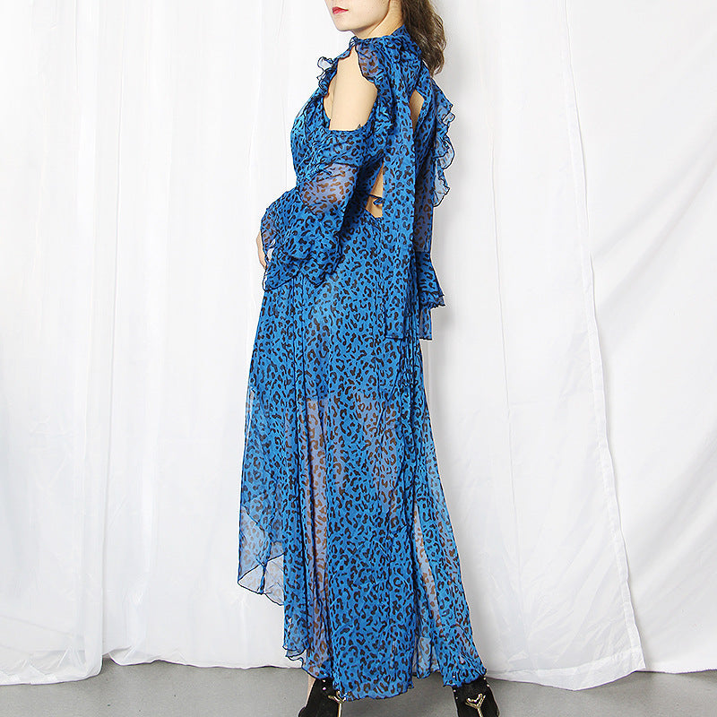 Women Off Shoulder Flare Sleeve Asymmetric Hem Backless Ruffles Dress Vintage Clothes