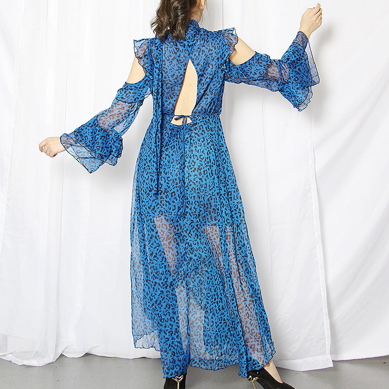 Women Off Shoulder Flare Sleeve Asymmetric Hem Backless Ruffles Dress Vintage Clothes