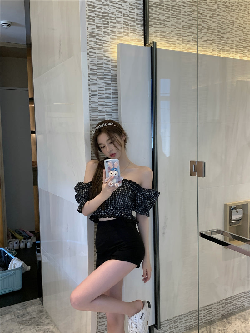 Women''s summer design with one shoulder wood ear Plaid Shirt minority short shirt SEXY LACE SHORT SLEEVE TOP