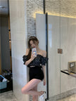 Women''s summer design with one shoulder wood ear Plaid Shirt minority short shirt SEXY LACE SHORT SLEEVE TOP