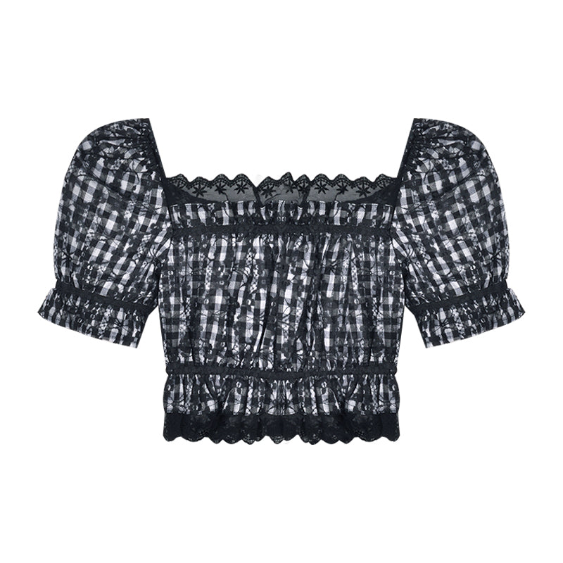 Women''s summer design with one shoulder wood ear Plaid Shirt minority short shirt SEXY LACE SHORT SLEEVE TOP