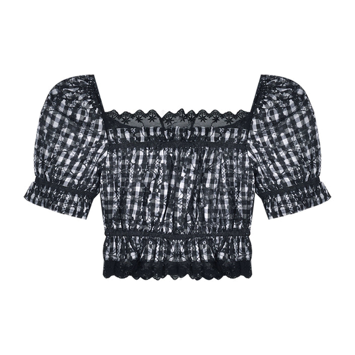 Women''s summer design with one shoulder wood ear Plaid Shirt minority short shirt SEXY LACE SHORT SLEEVE TOP