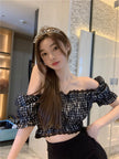 Women''s summer design with one shoulder wood ear Plaid Shirt minority short shirt SEXY LACE SHORT SLEEVE TOP