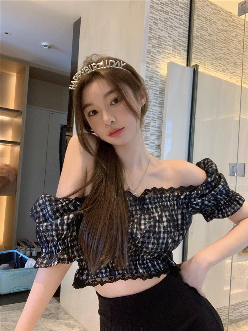 Women''s summer design with one shoulder wood ear Plaid Shirt minority short shirt SEXY LACE SHORT SLEEVE TOP