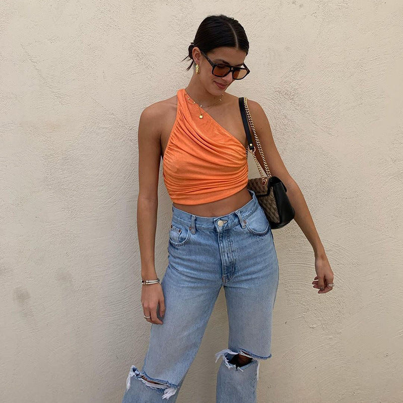 One Shoulder Crop Top Women   Plain Short Tanks