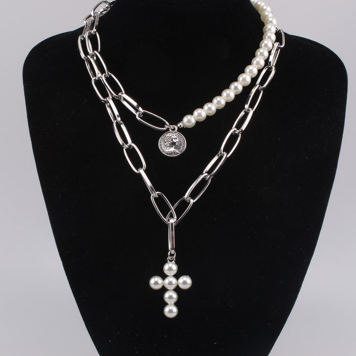 Luxury Design Imitation Pearls Choker Necklace Female Cross Pendant Necklaces for Women Gold Color Fashion Coin Jewelry