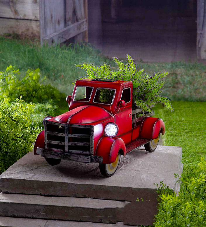 Vintage Truck Flower Pot With Solar Lamp Pickup Retro Style Solar Pickup Truck Garden Decoration Truck Flower Pot With Car Light