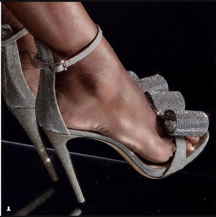 Summer Rhinestone Sandals Silvery Butterfly-knot Women Fashion High Heels Ankle Buckles Ladies Sandals Party Shoes