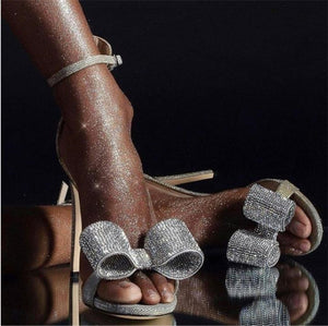 Summer Rhinestone Sandals Silvery Butterfly-knot Women Fashion High Heels Ankle Buckles Ladies Sandals Party Shoes