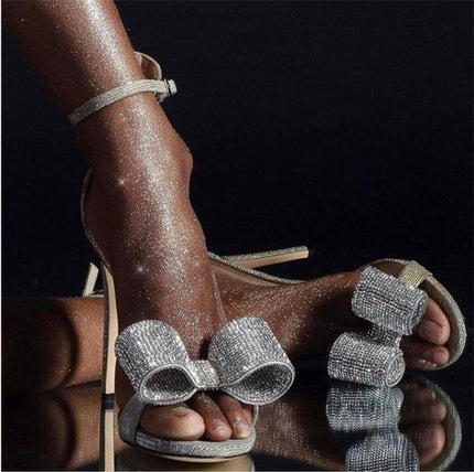 Summer Rhinestone Sandals Silvery Butterfly-knot Women Fashion High Heels Ankle Buckles Ladies Sandals Party Shoes