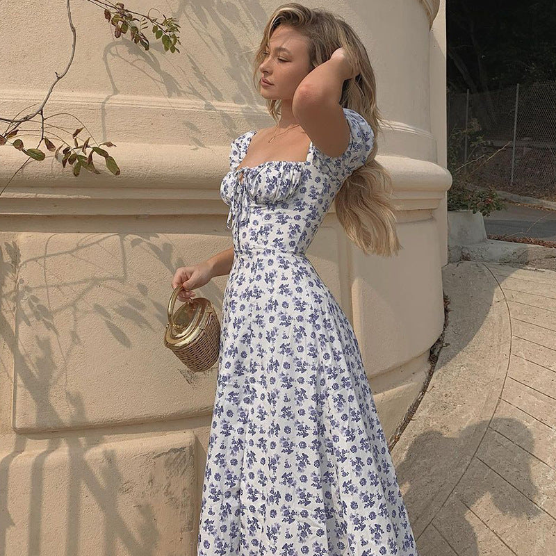 Summer Floral Print Dress Women Sexy Party Long Dresses Puff Short Sleeve dress