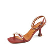 All-leather Stiletto Sandals Women's Square Toe Open-toe High-heeled Buckle Beaded Bow Sandals